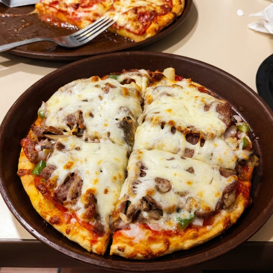 Cheesy mushroom and vegetable pizza served on a brown plate, with another pizza, fork, napkins, and empty plate on the table.