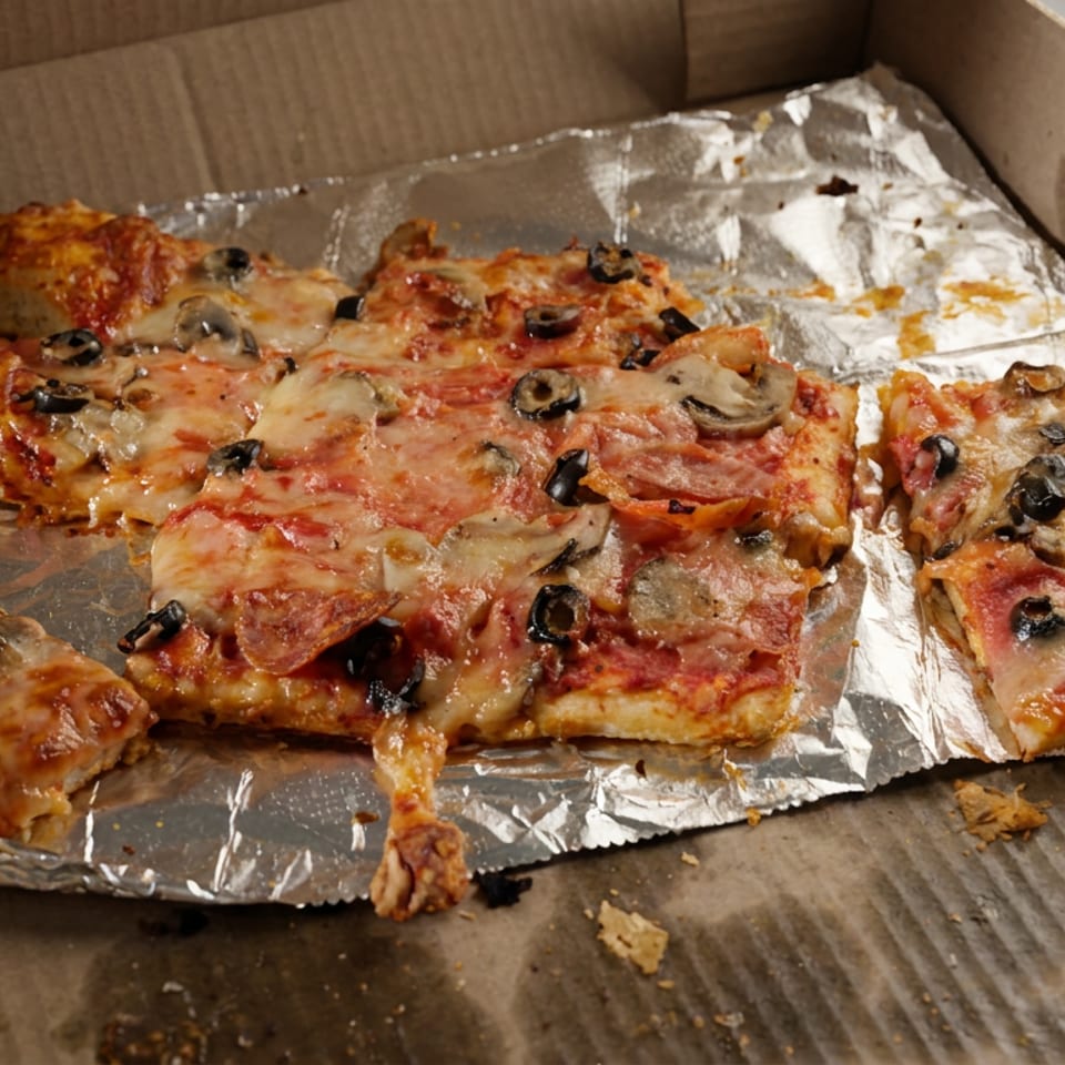 Several rectangular slices of cheesy pepperoni, mushroom, and black olive pizza rest on foil inside a cardboard box.