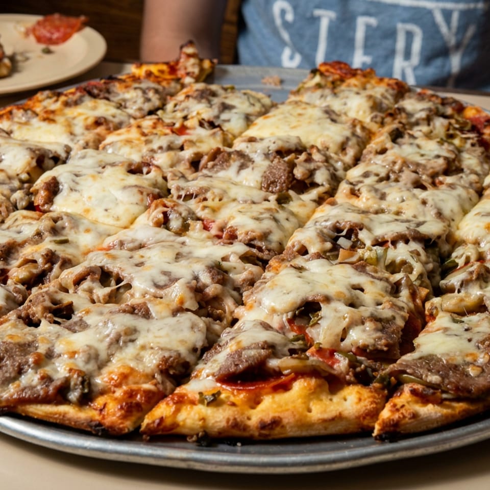 Large pizza topped with melted cheese, mushrooms, and sliced steak served on a metal tray at a casual restaurant table.